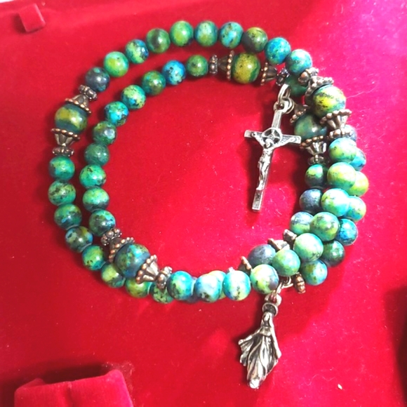 Sold WRAP STONE PRAYER BEADS BRACELET SILVER CROSS MARY - Picture 2 of 3